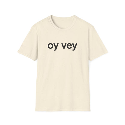 Beige t-shirt with 'oy vey' text on a white background