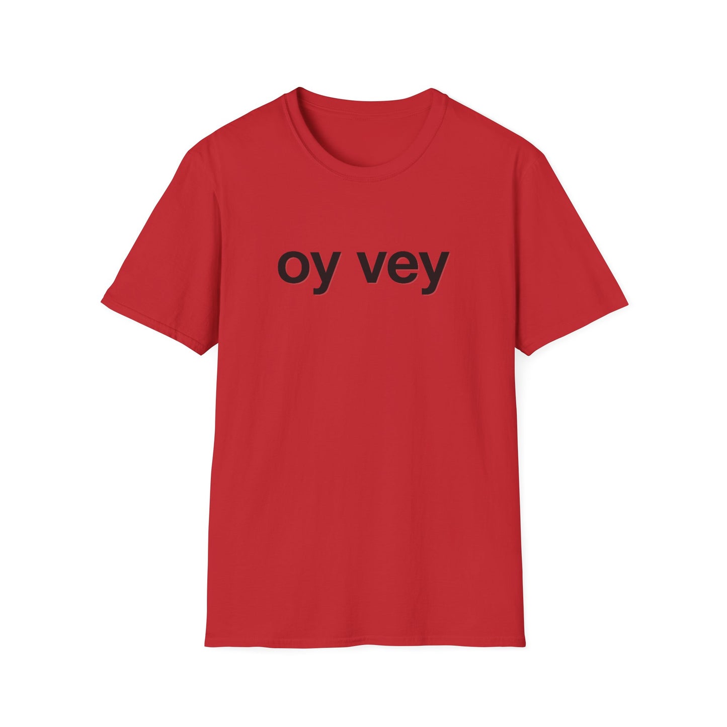 Red t-shirt with 'oy vey' text on a white background