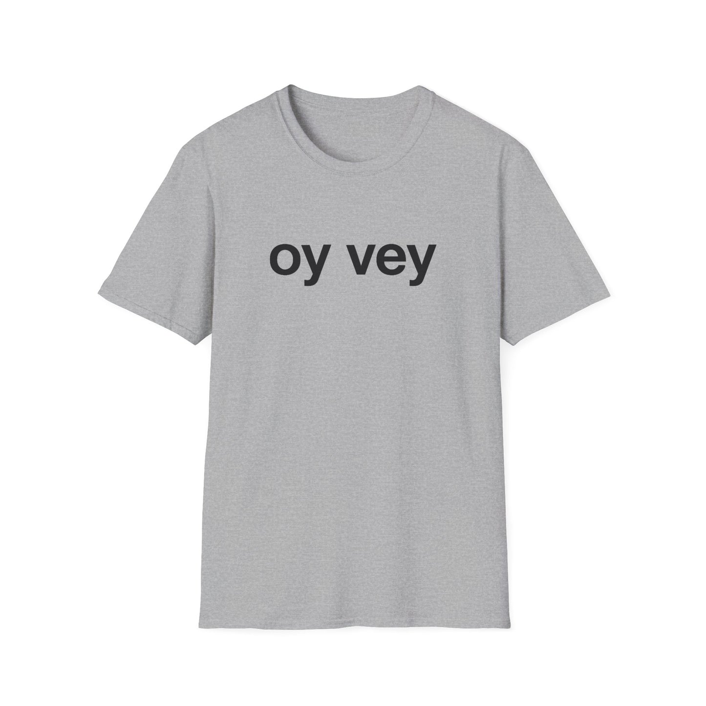 Gray t-shirt with 'oy vey' text on a white background