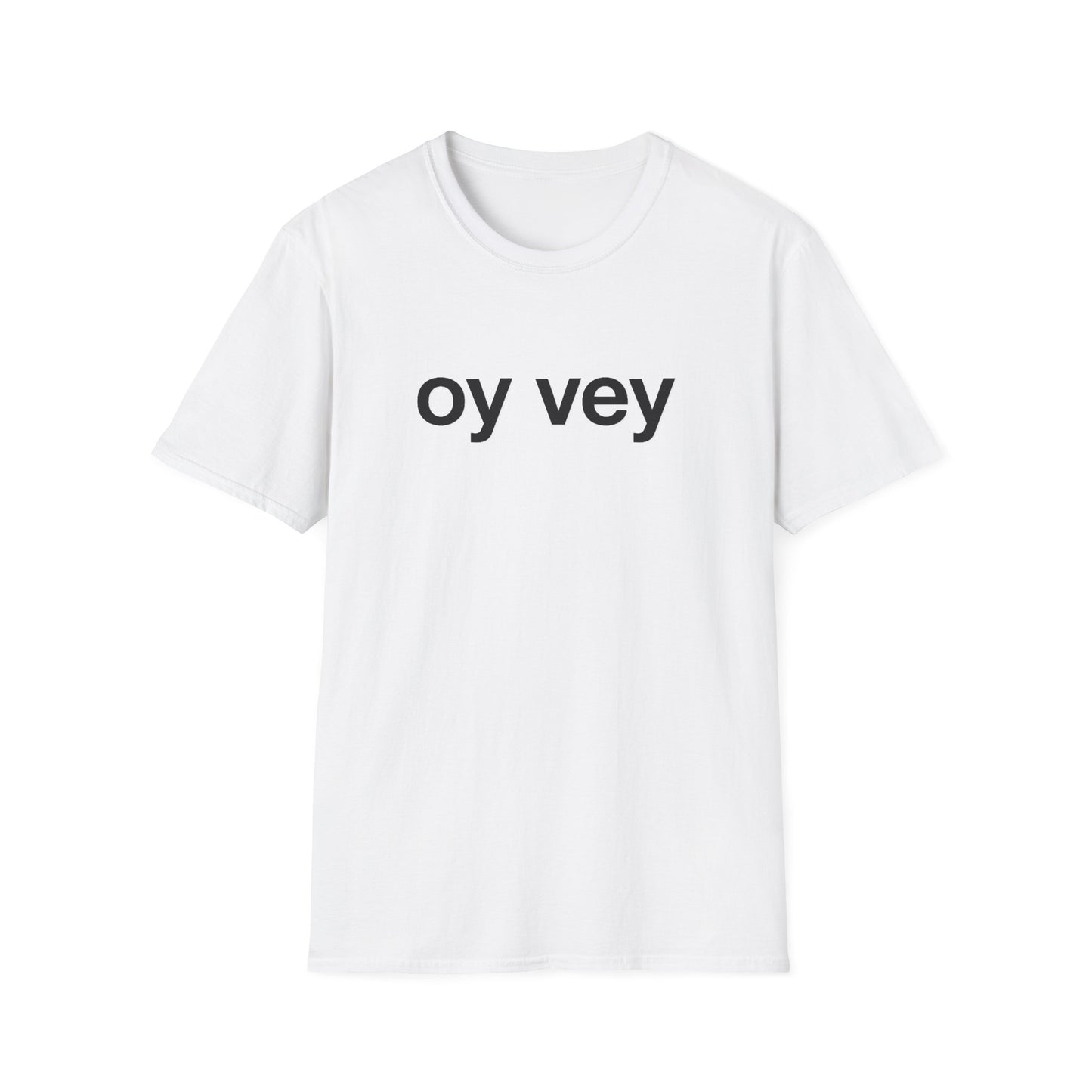 White t-shirt with 'oy vey' text on a white background