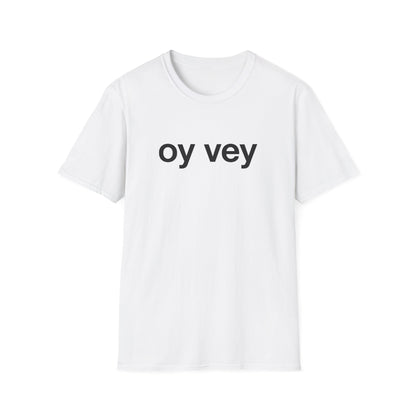 White t-shirt with 'oy vey' text on a white background