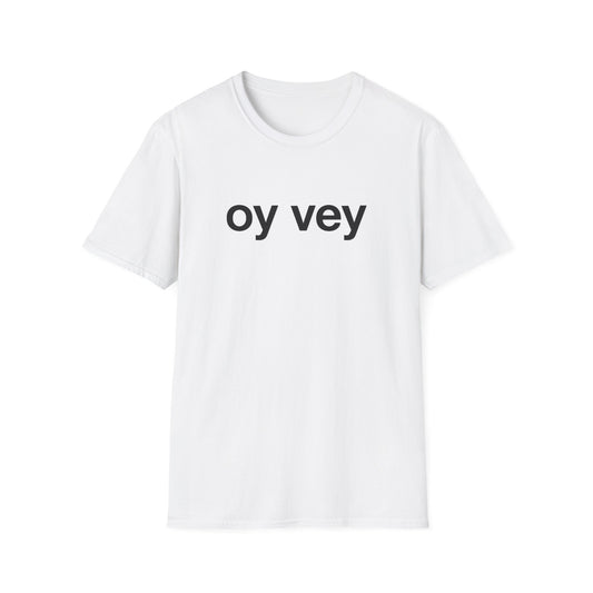 White t-shirt with 'oy vey' text on a white background