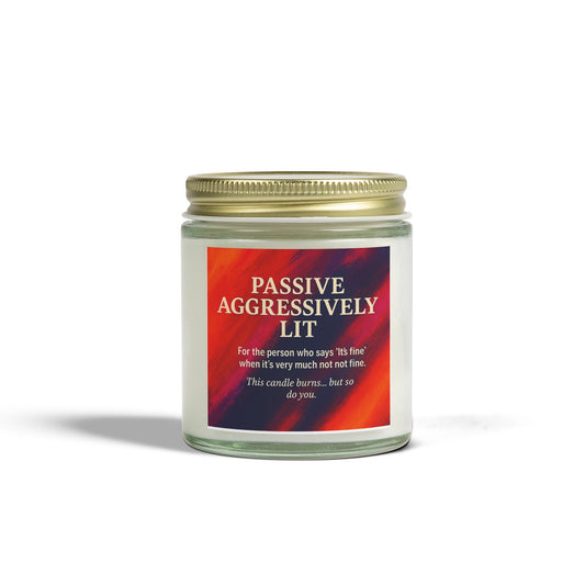Candle jar with a colorful label on a white background