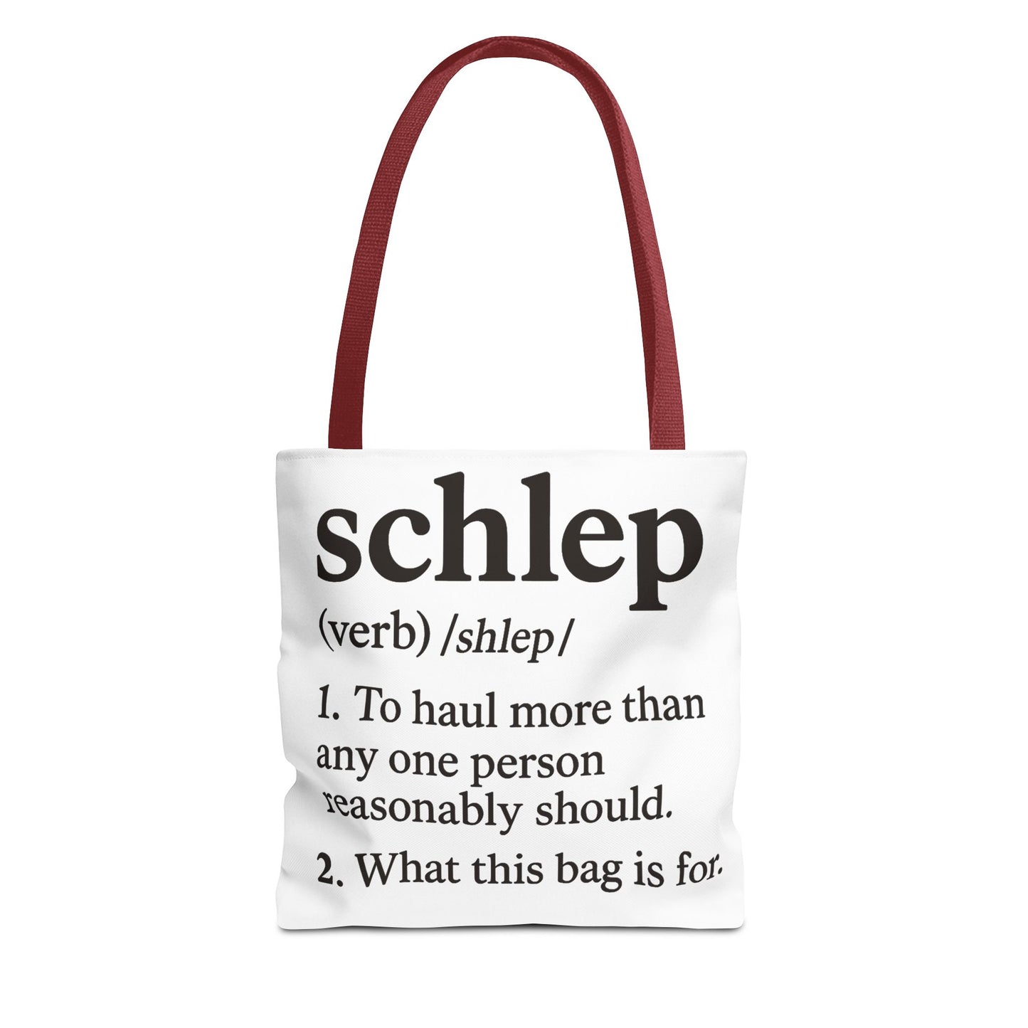 Tote bag with definition of 'schlep' on a white background