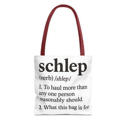 Tote bag with definition of 'schlep' on a white background