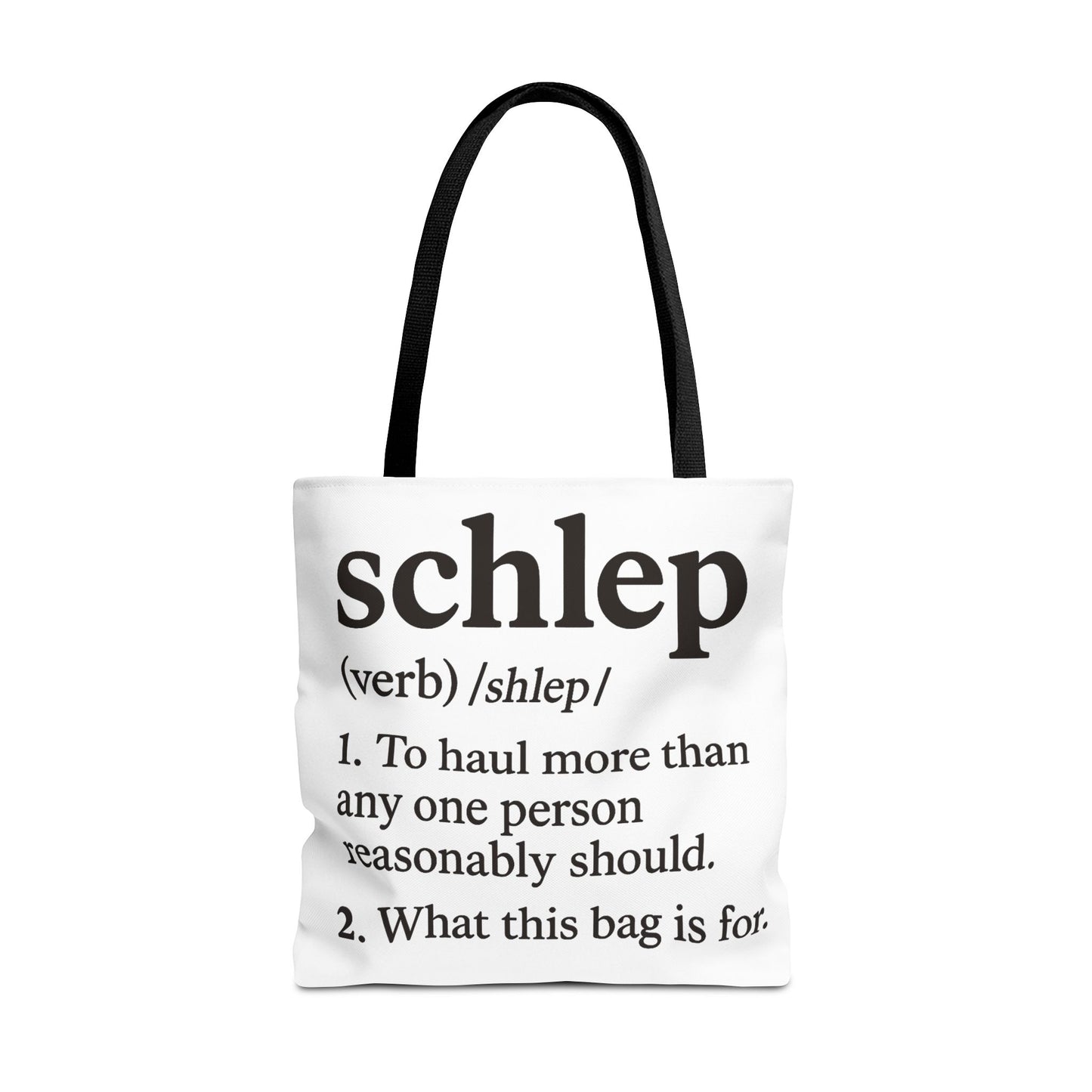 Tote bag with text definition of 'schlep' on a white background