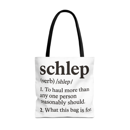 Tote bag with text definition of 'schlep' on a white background