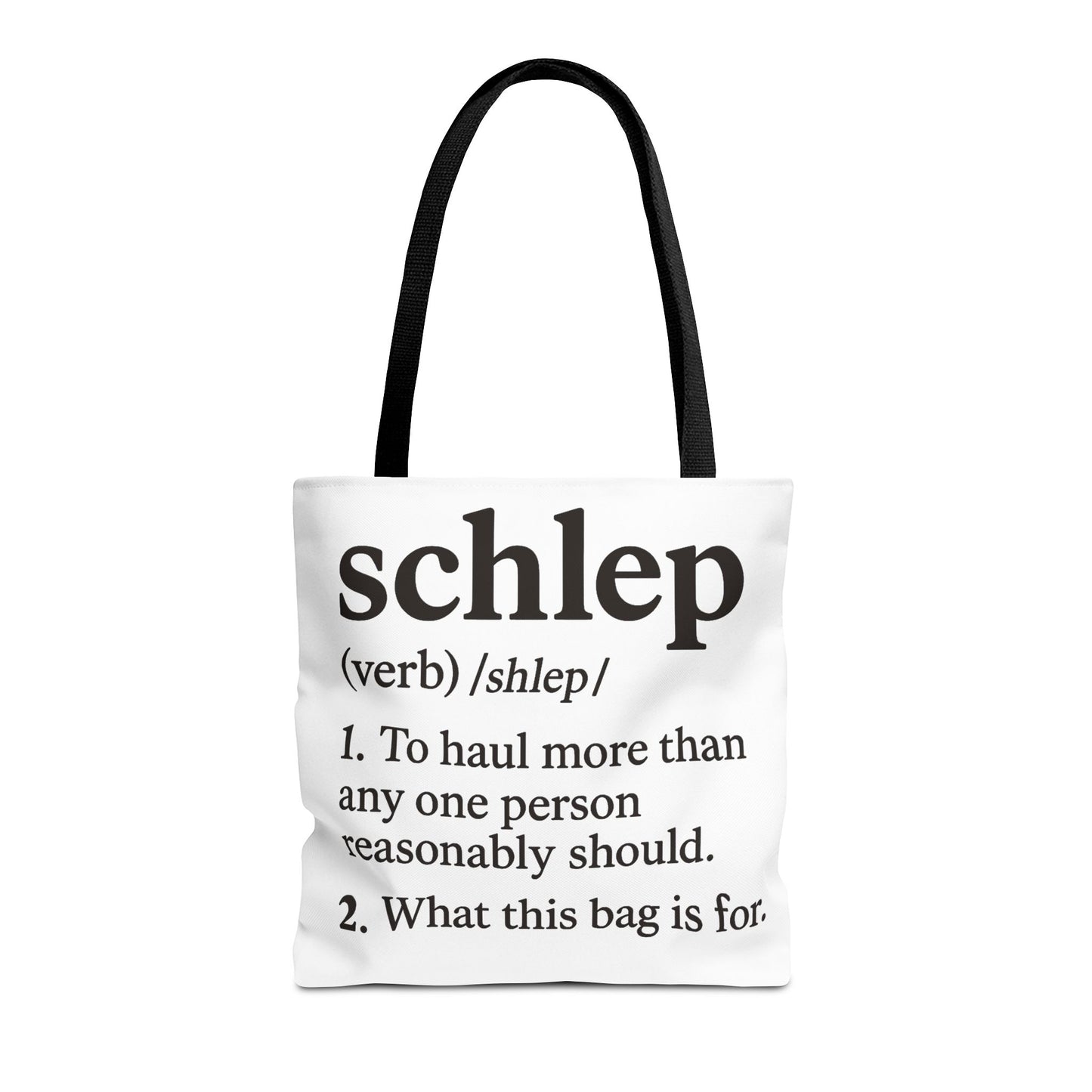 Tote bag with text definition of 'schlep' on a white background