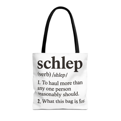 Tote bag with text definition of 'schlep' on a white background