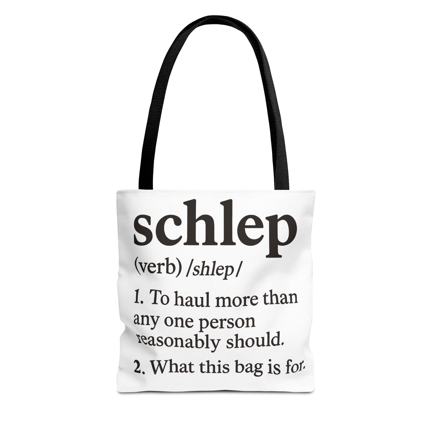 Tote bag with text definition of 'schlep' on a white background