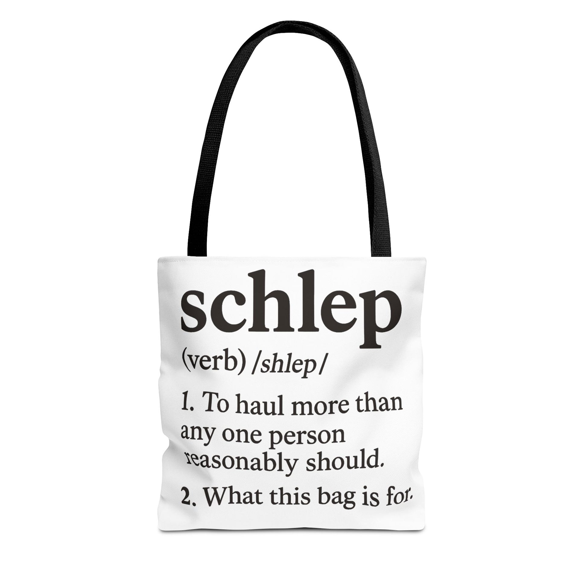 Tote bag with text definition of 'schlep' on a white background