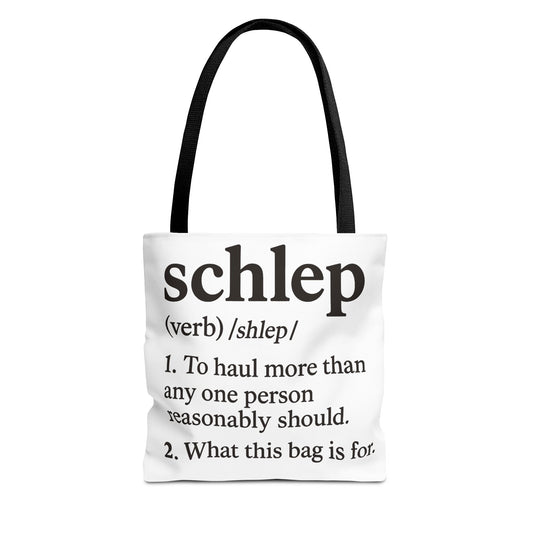 Tote bag with text definition of 'schlep' on a white background