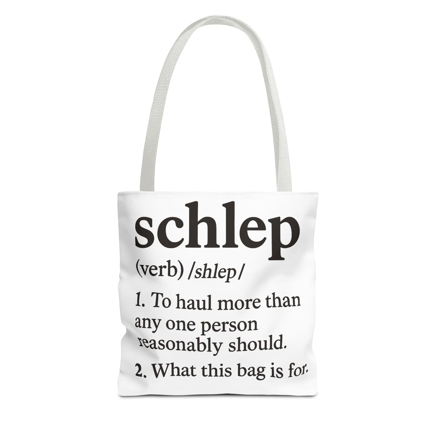 Tote bag with the word 'schlep' and its definition on a white background