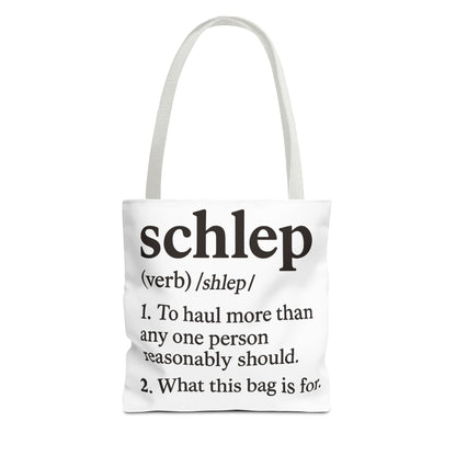 Tote bag with the word 'schlep' and its definition on a white background