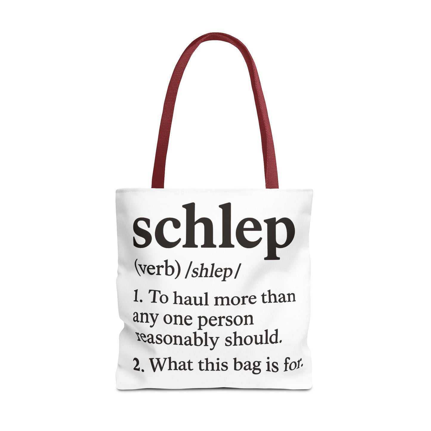 Tote bag with text definition of 'schlep' on a white background