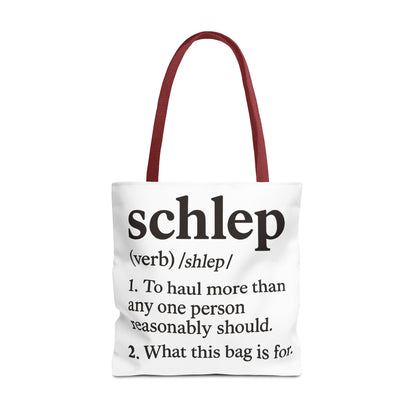 Tote bag with text definition of 'schlep' on a white background