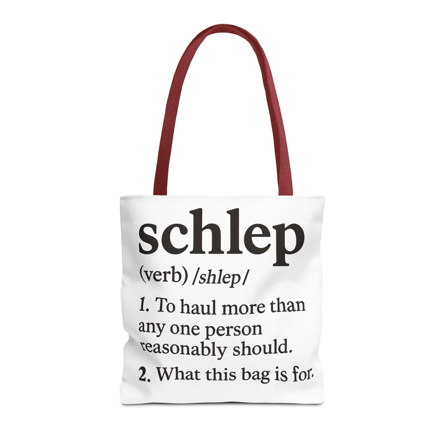 Tote bag with text definition of 'schlep' on a white background