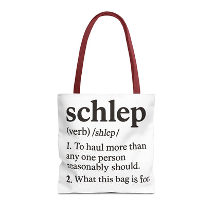 Tote bag with text definition of 'schlep' on a white background