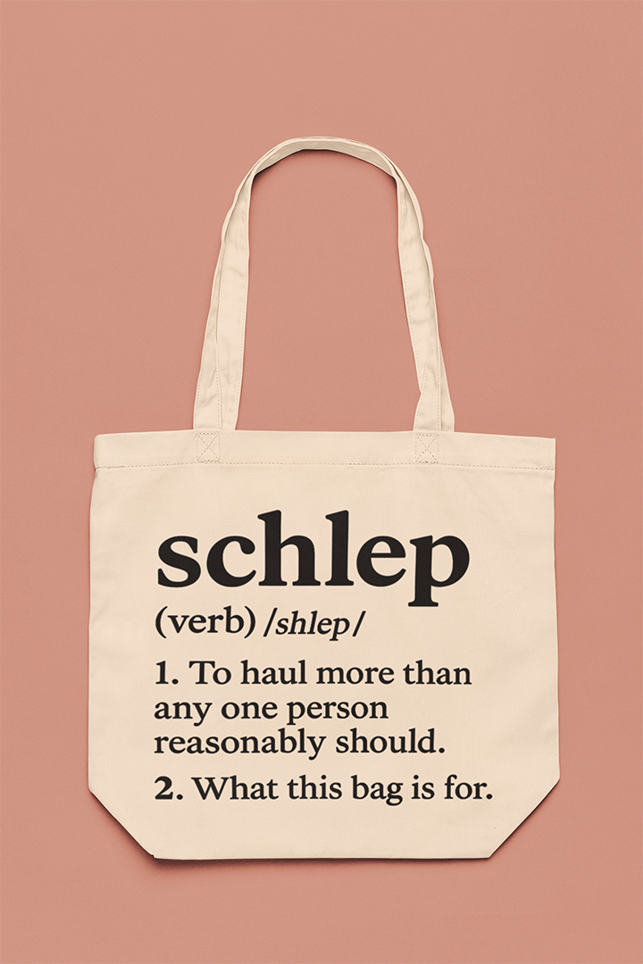 Tote bag with text on a pink background