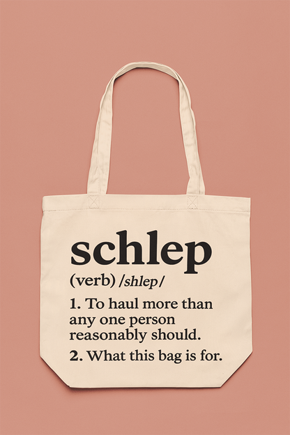 Tote bag with text on a pink background