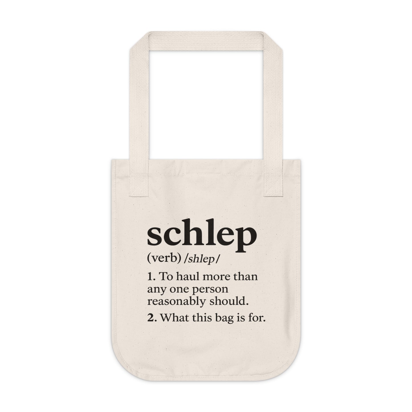Beige tote bag with black text on a white background