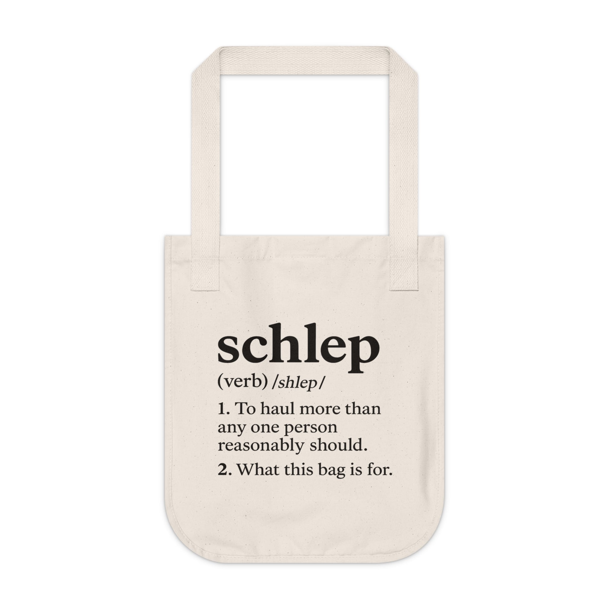 Beige tote bag with black text on a white background