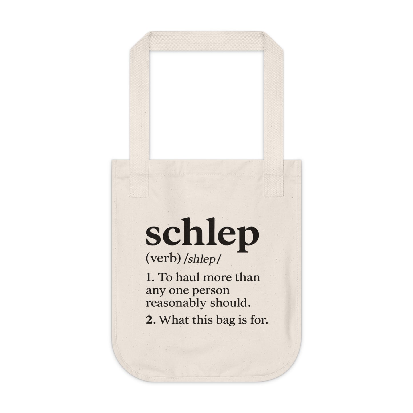 Beige tote bag with black text on a white background