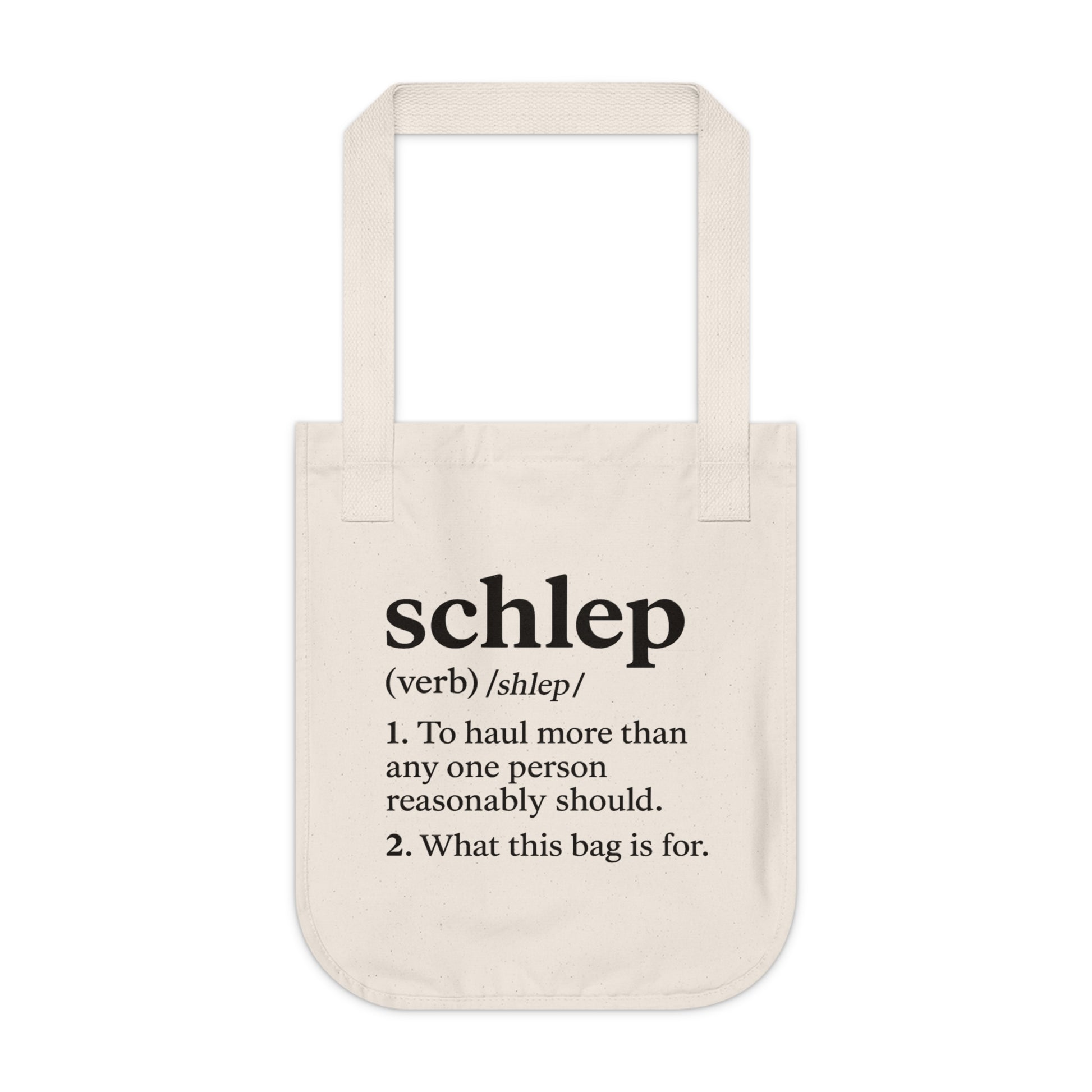 Beige tote bag with black text on a white background