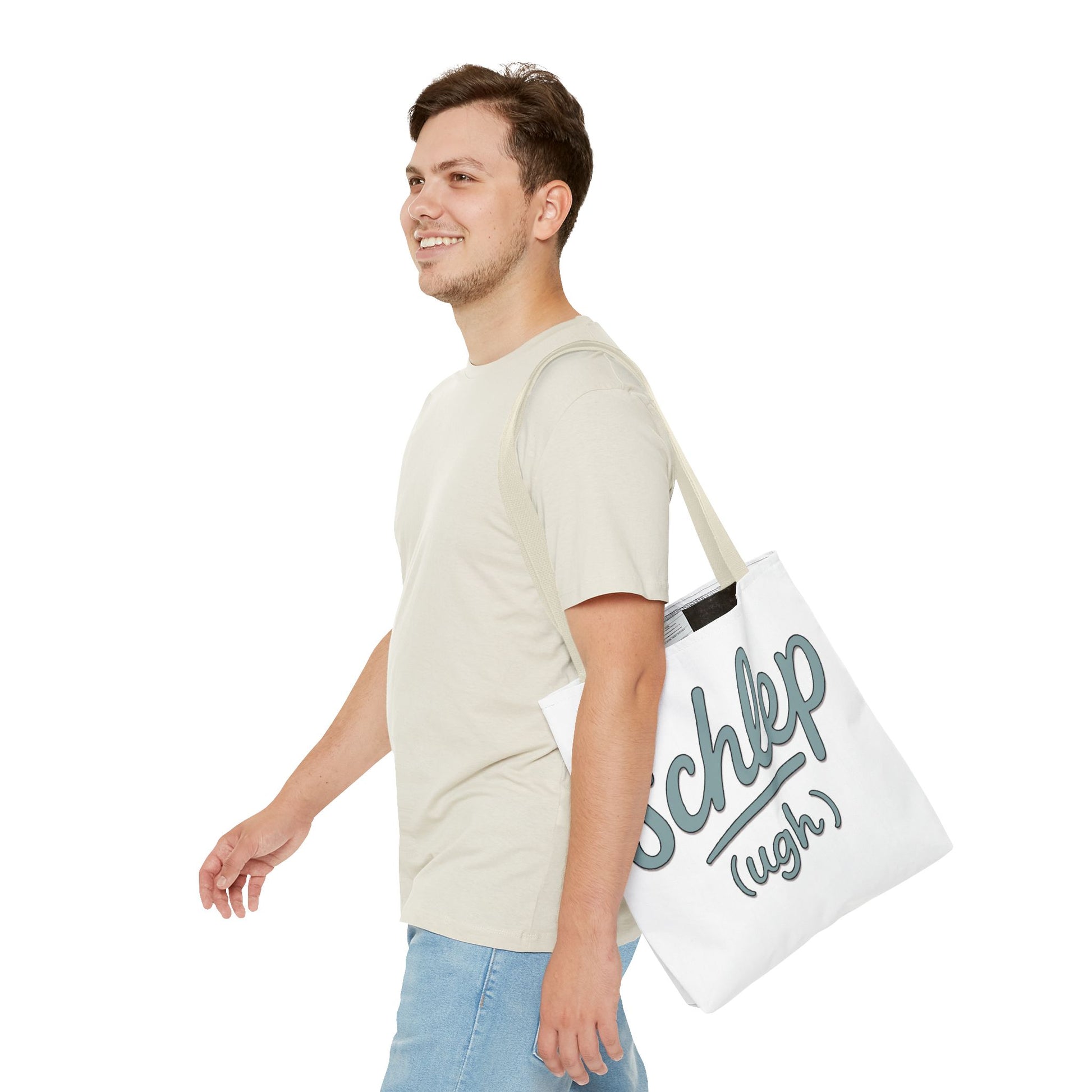 Man carrying a white tote bag with 'Schip' text on a white background