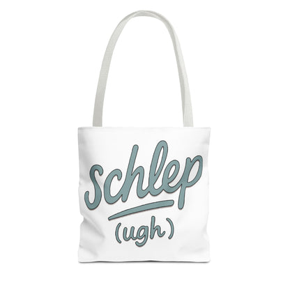 White tote bag with 'schlep (ugh)' text on a white background