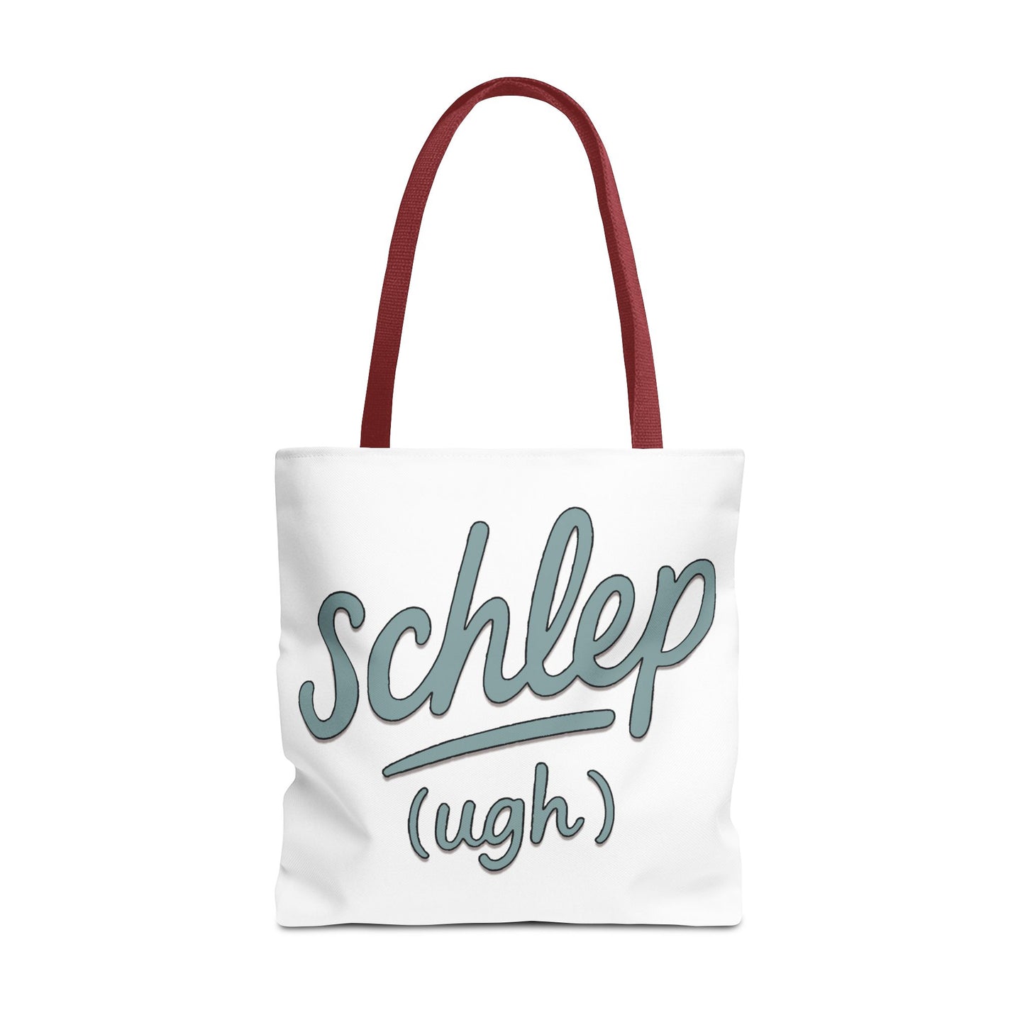 White tote bag with red handles and blue text on a white background