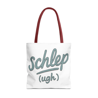 White tote bag with red handles and blue text on a white background