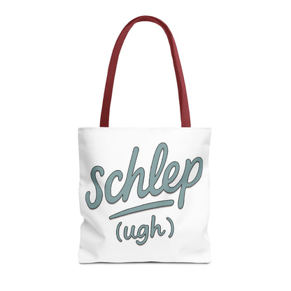 Tote bag with 'schlep (ugh)' text on a white background
