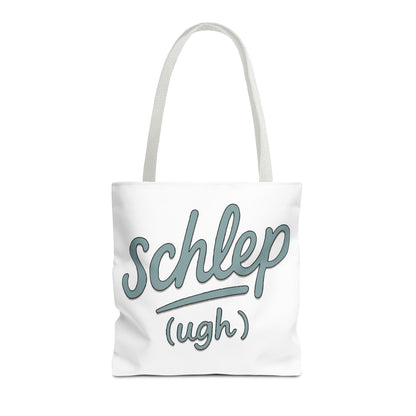 White tote bag with 'schlep (ugh)' text on a white background