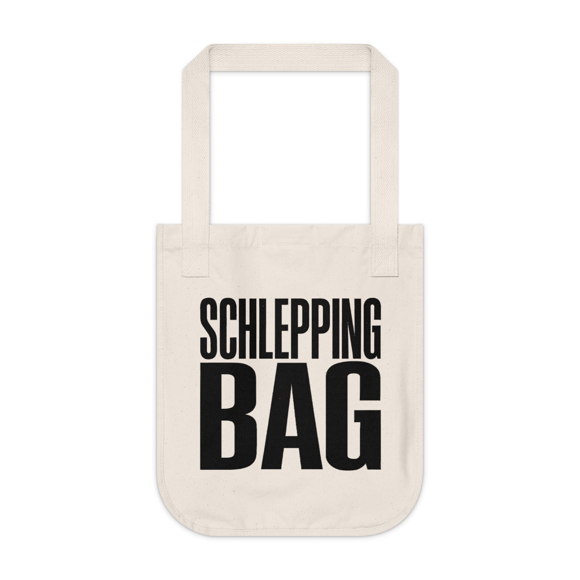 Beige tote bag with black text 'SCHLEPPING BAG' on a white background