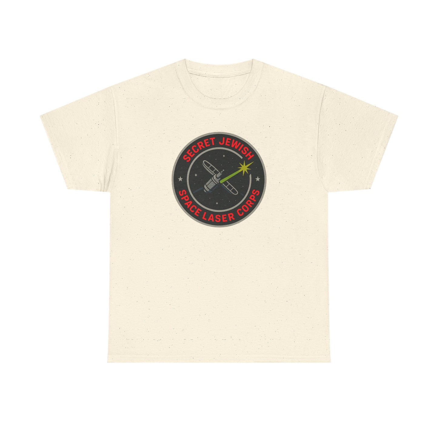 Beige t-shirt with a 'secret jewish space laser corps' logo on a white background