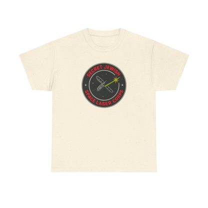 Beige t-shirt with a 'secret jewish space laser corps' logo on a white background