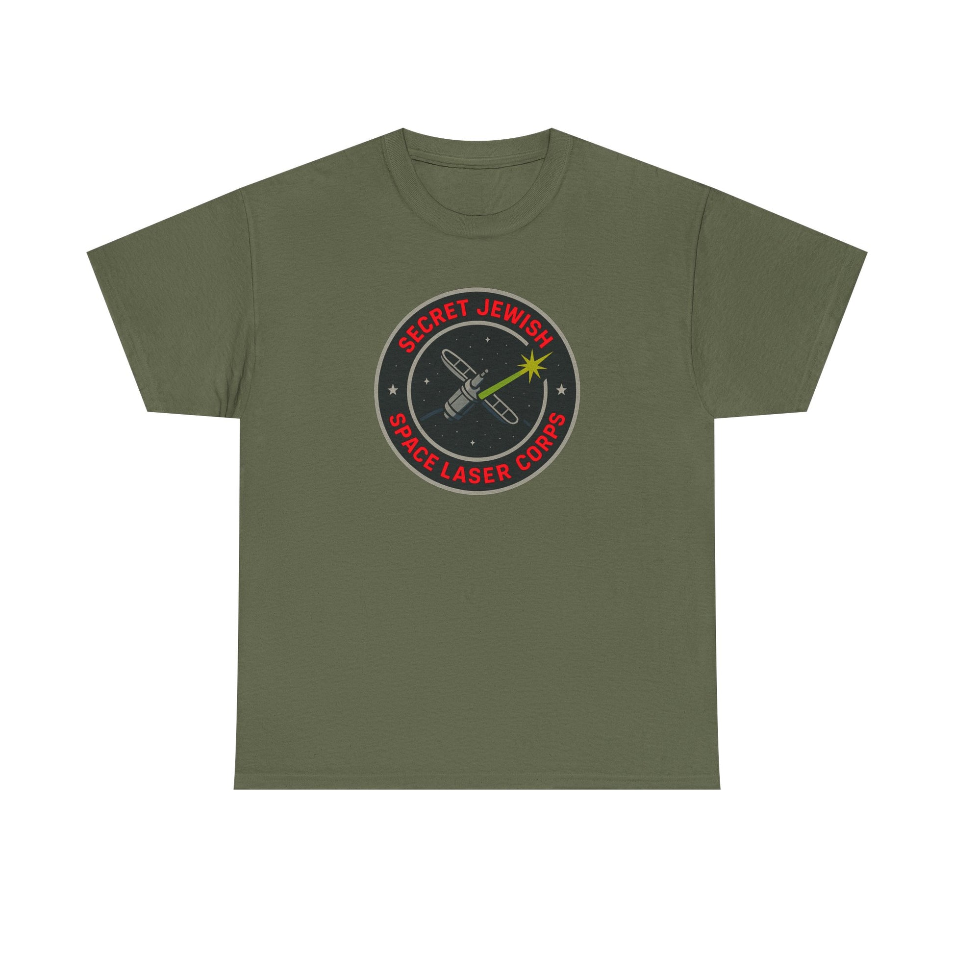 Green t-shirt with a circular 'secret jewish space laser corps' logo featuring text and graphics on a white background