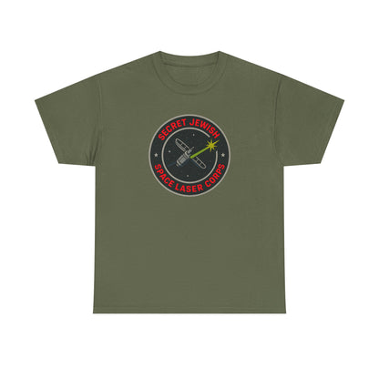 Green t-shirt with a circular 'secret jewish space laser corps' logo featuring text and graphics on a white background