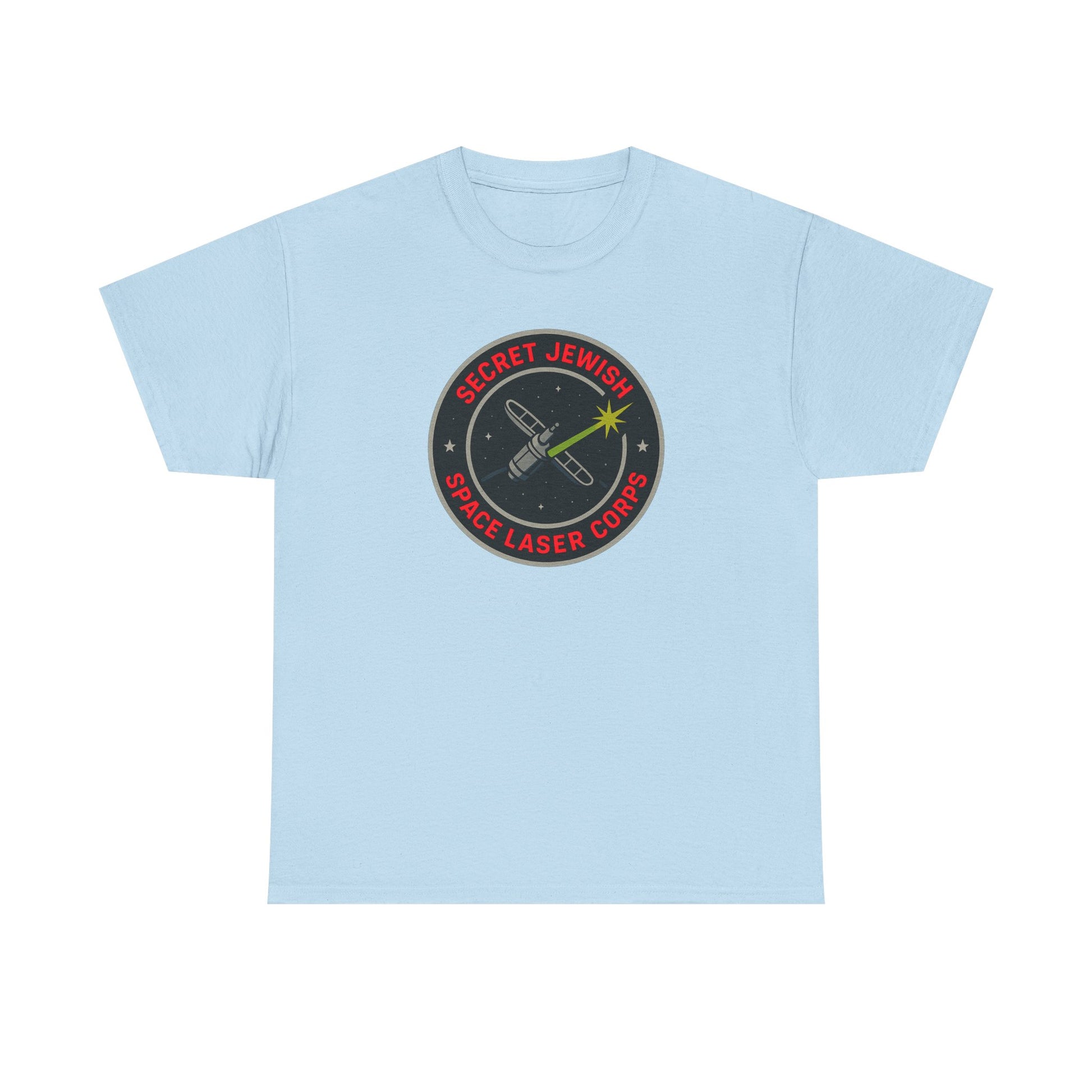 Light blue t-shirt with a 'secret Jewish space laser corps' graphic design on a white background