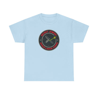 Light blue t-shirt with a 'secret Jewish space laser corps' graphic design on a white background
