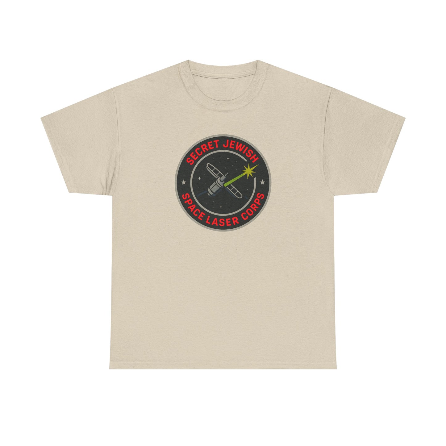 Beige t-shirt with a 'secret jewish space laser corps' logo on a white background