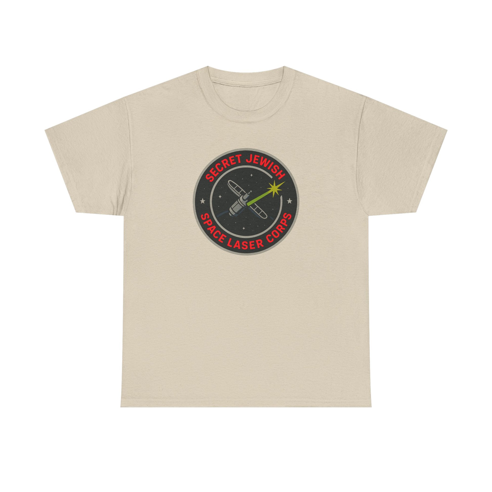 Beige t-shirt with a 'secret jewish space laser corps' logo on a white background