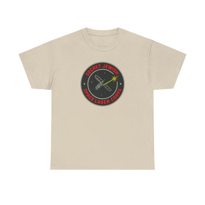 Beige t-shirt with a 'secret jewish space laser corps' logo on a white background