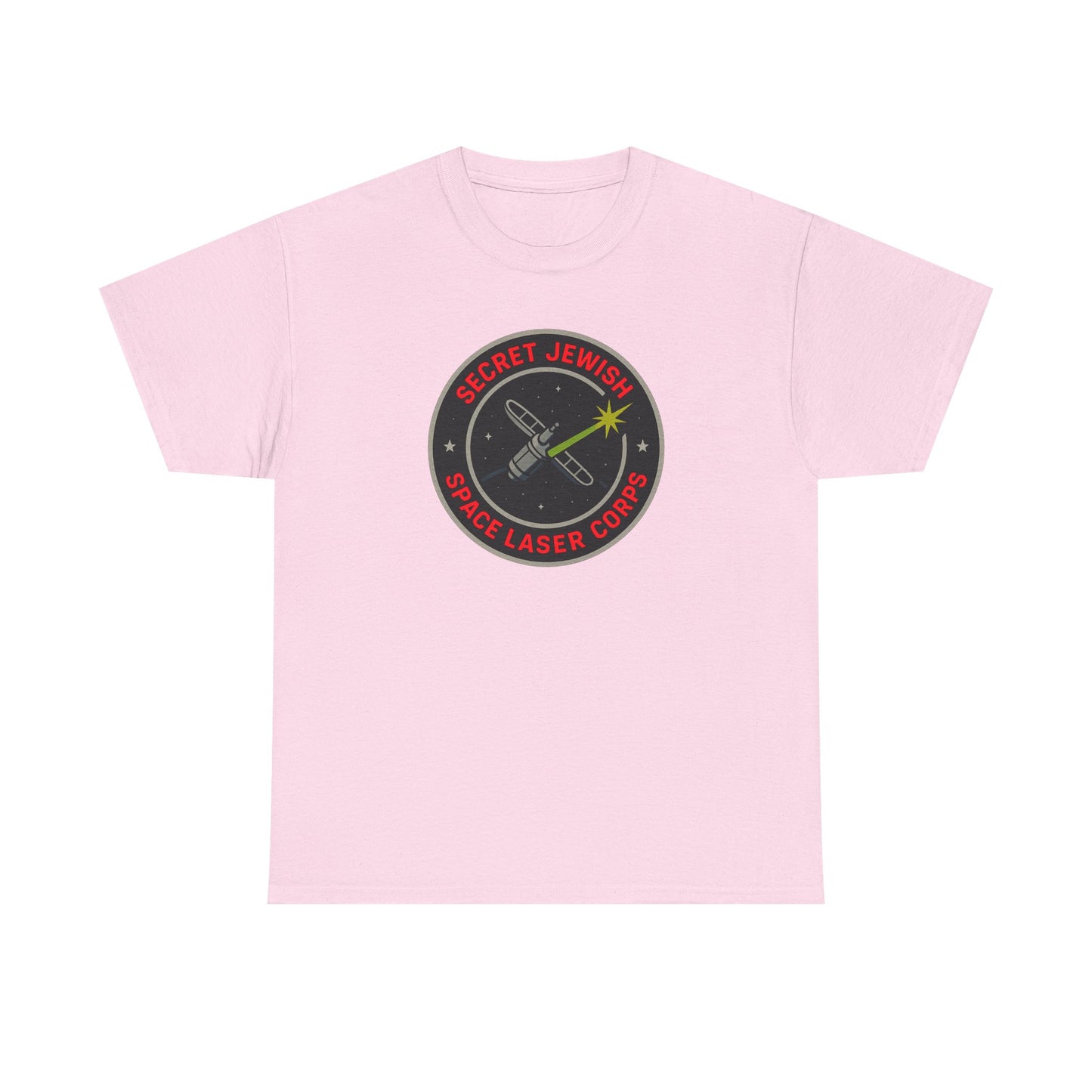 Pink t-shirt with a 'secret jewish space laser corps' logo on a white background