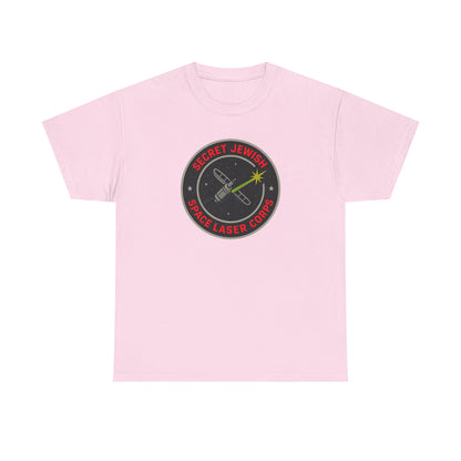 Pink t-shirt with a 'secret jewish space laser corps' logo on a white background