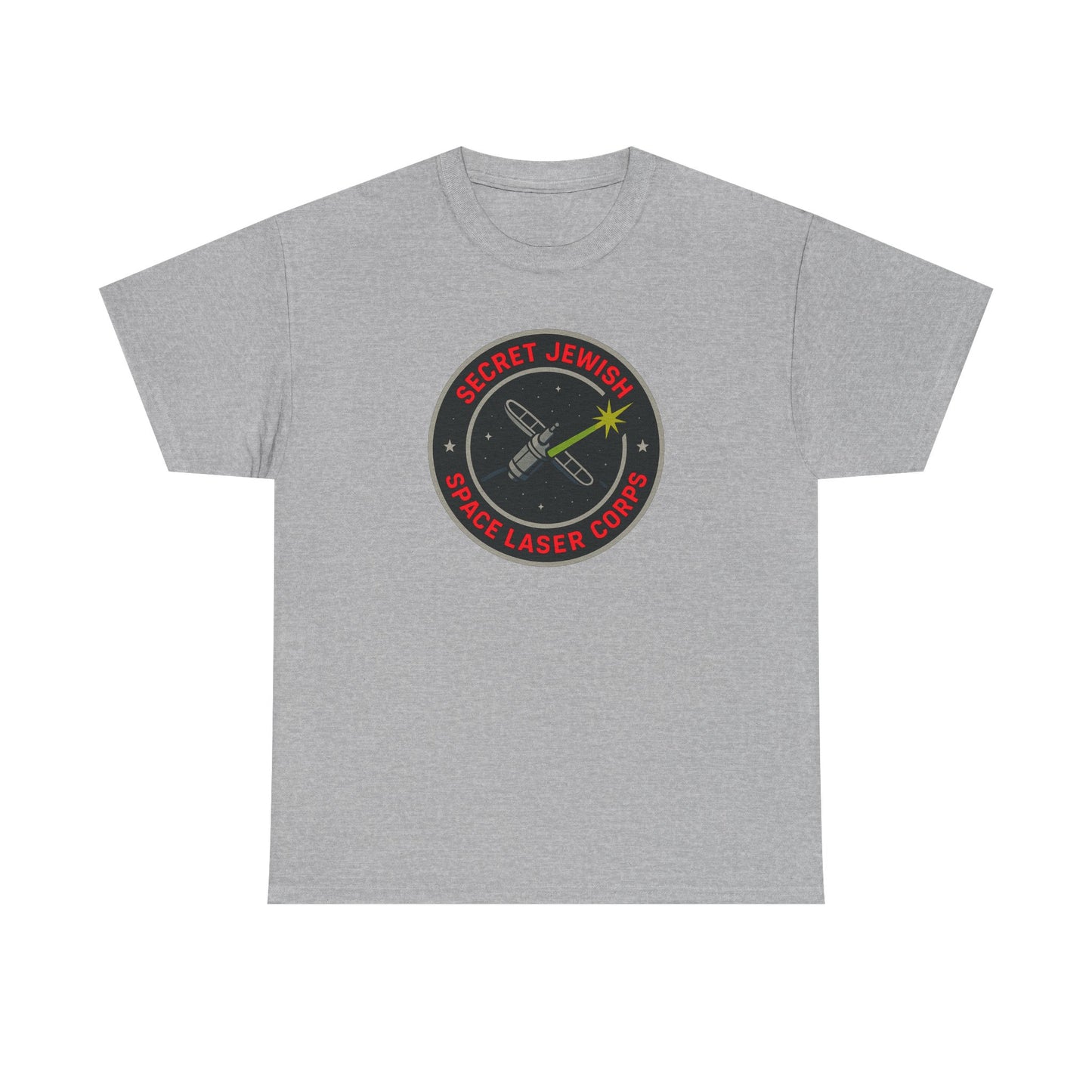 Gray t-shirt with a circular 'secret jewish space laser corps' logo featuring text and graphics on a white background