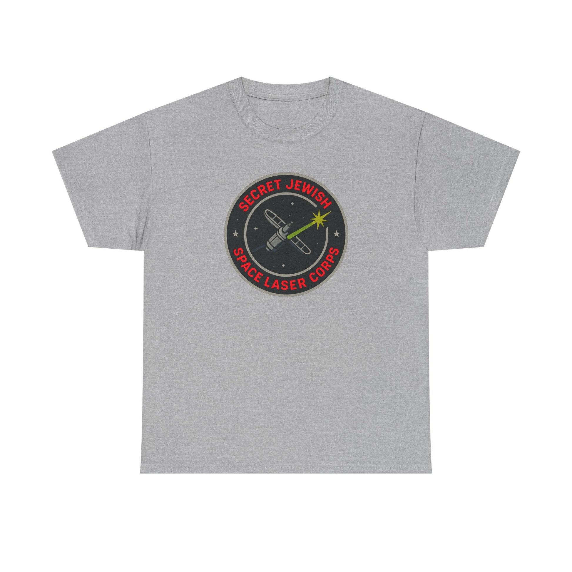 Gray t-shirt with a circular 'secret jewish space laser corps' logo featuring text and graphics on a white background