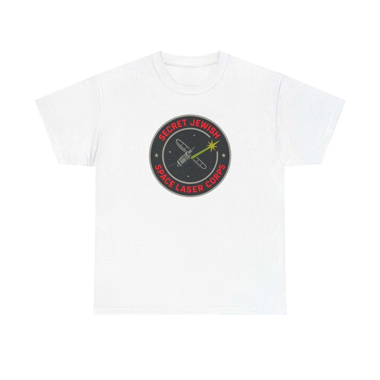 White t-shirt with a black and red 'secret jewish space laser' logo on a white background