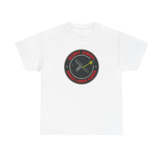 White t-shirt with a black and red 'secret jewish space laser' logo on a white background